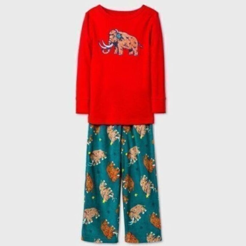 Cat & Jack Two Piece Wooly Mammoth Pajama Set Holiday Colors Fleece New 3T